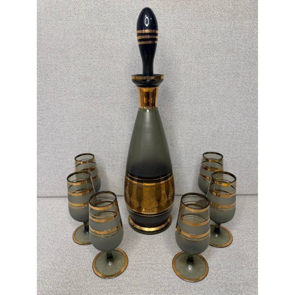 Vintage Smoky Gray Gold Decanter Set 6 Cordial Glasses MCM Hollywood Regency